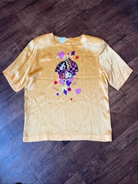 ESCADA Laurel 100% silk gold yellow colorful geometric artsy print short sleeve